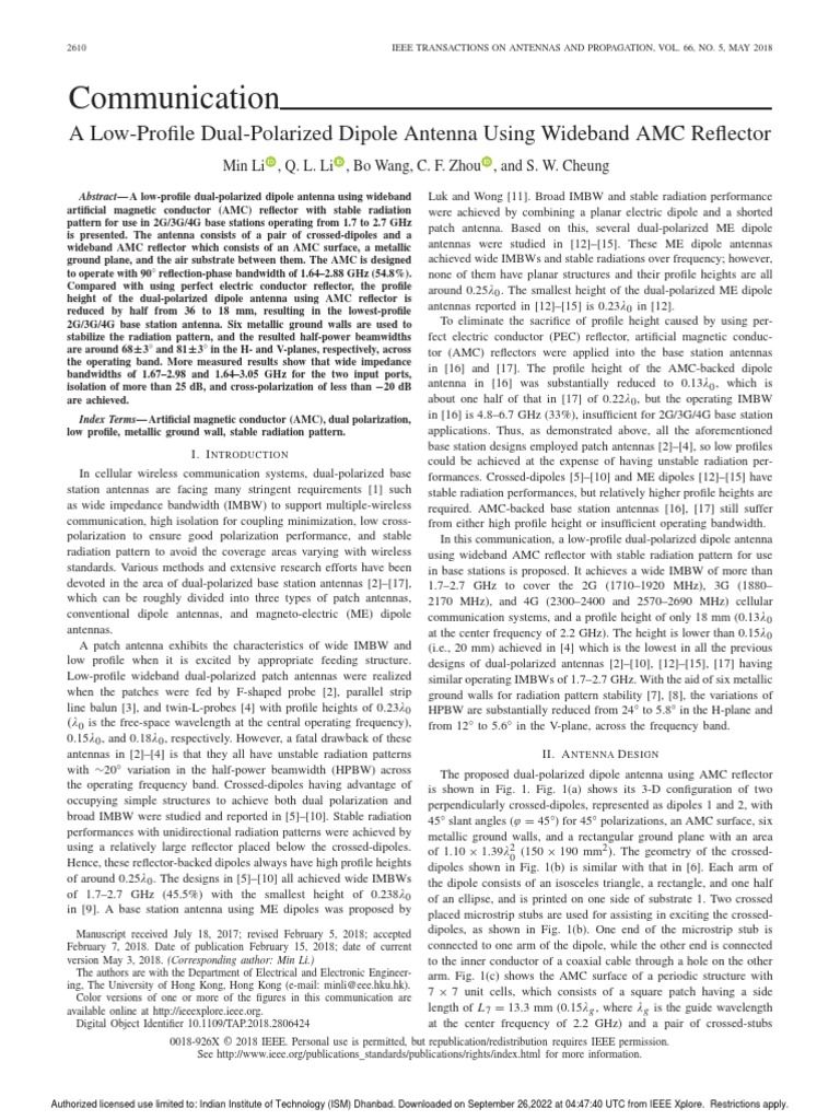 A Low-Profile Dual-Polarized Dipole Antenna Using Wideband AMC ...
