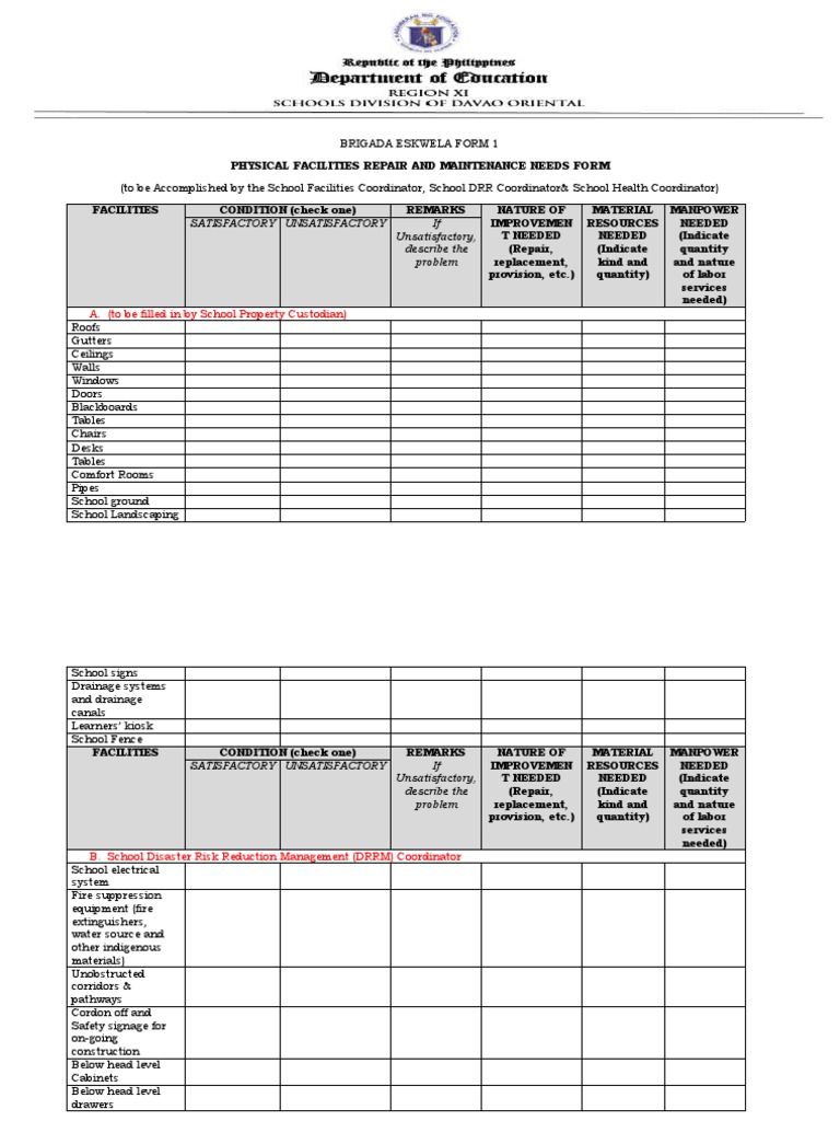Brigada Eskwela Facility Assessment Forms | PDF | Non Governmental ...