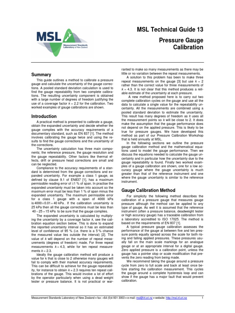 Unceruianly Pressure Gauge PDF Calibration Uncertainty