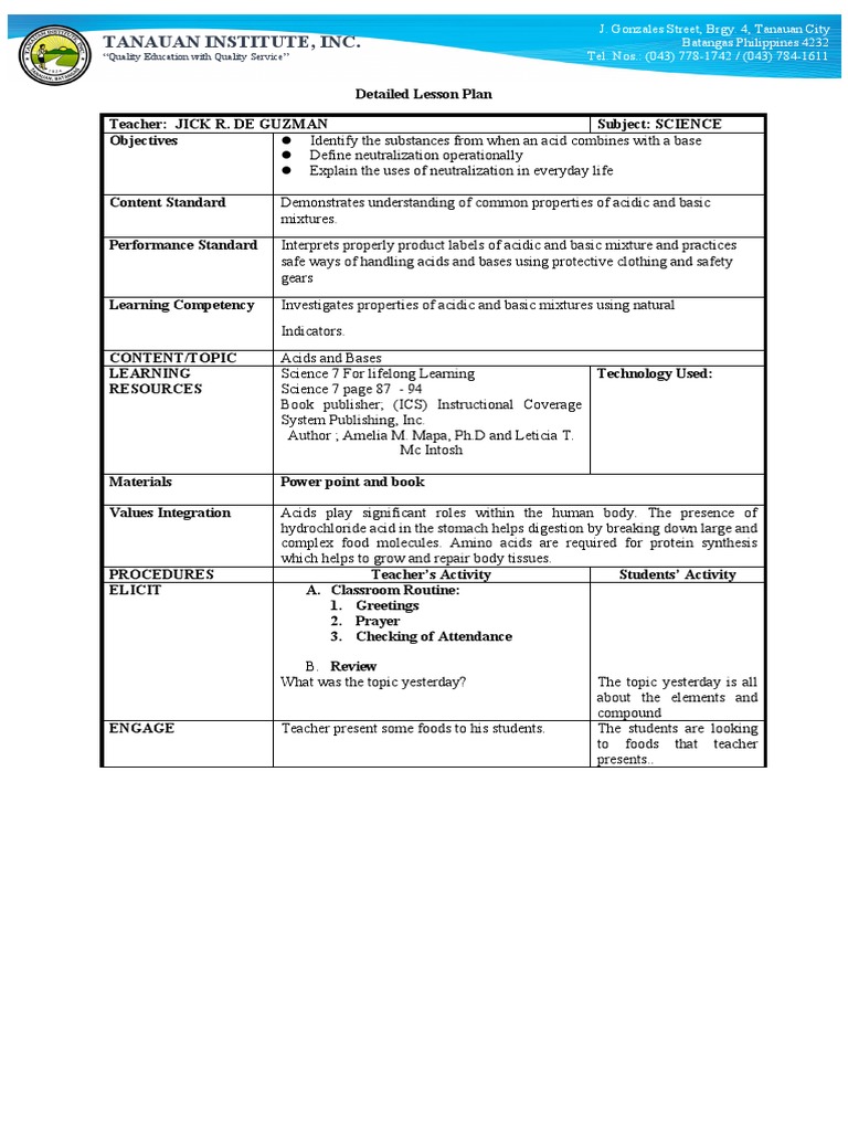 Acids and Bases Lesson Plan for Grade 7 | PDF | Ph | Acid