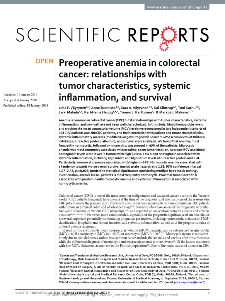 Preoperative Anemia in Colorectal Cancer Relations | PDF | Anemia ...