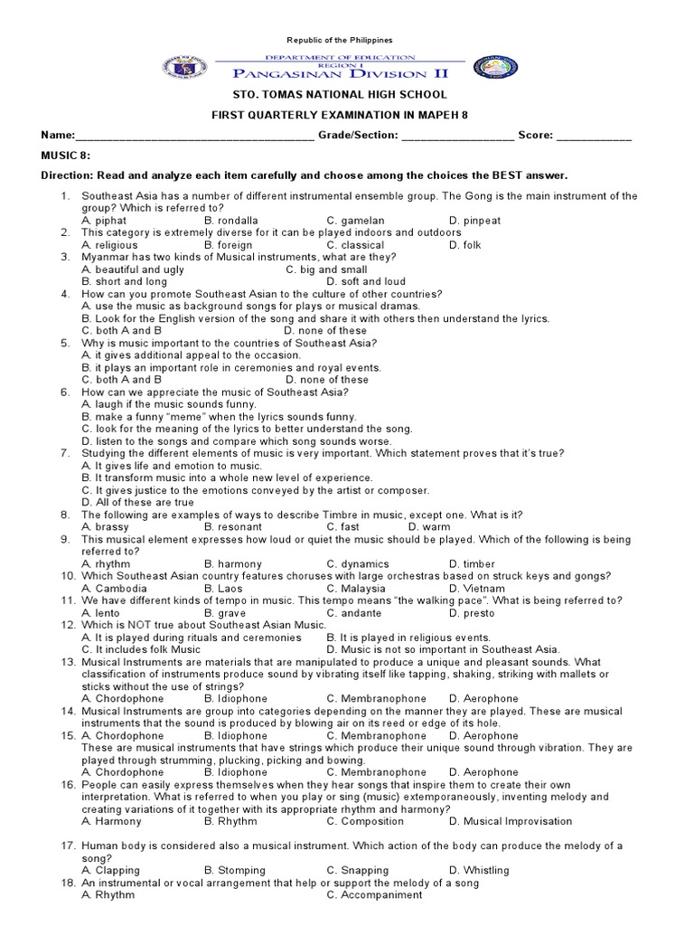 MAPEH 8 First Quarter Exam Guide | PDF | Physical Fitness | String ...