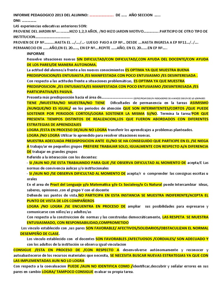 Informe Pedagógico del Alumno 2013 | PDF | Crecimiento personal y ...