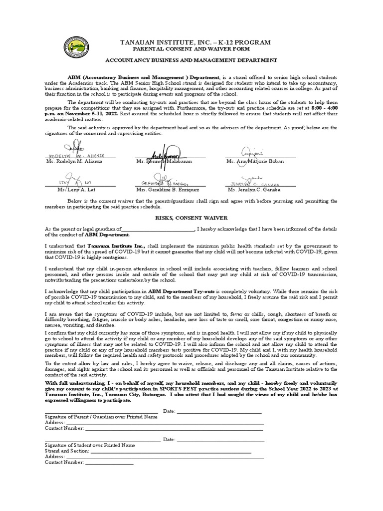 ABM Department Parental Consent and Waiver Form | PDF | Clinical ...