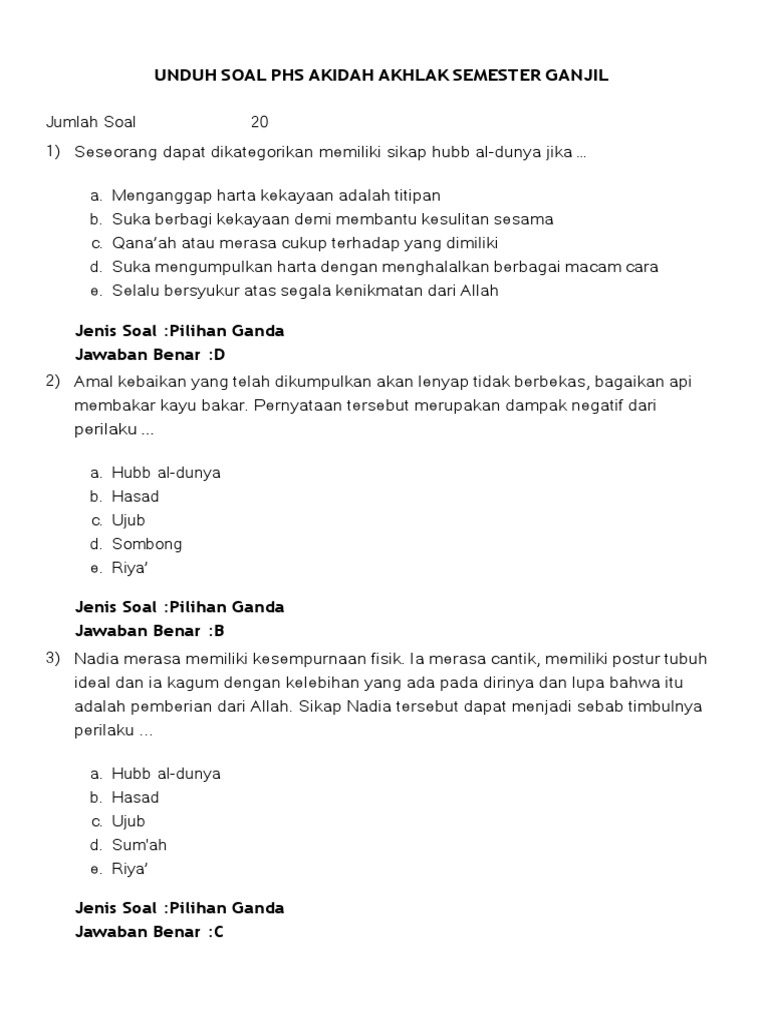 Soal UTS Akidah Akhlak Kelas 10 Semester Ganjil PDF