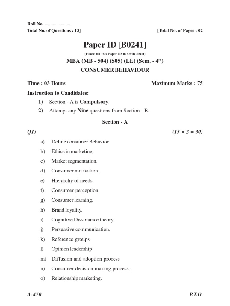 Consumer Behaviour Exam Paper B0241 | PDF