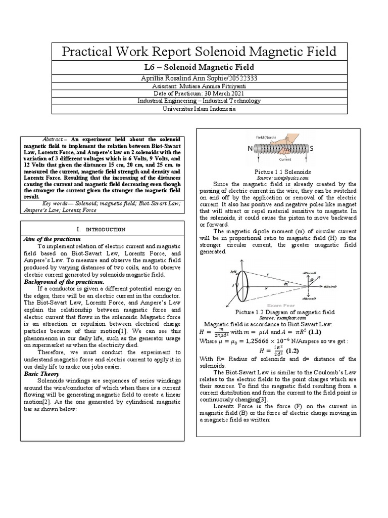 Practical Work Report Solenoid Field PDF Field