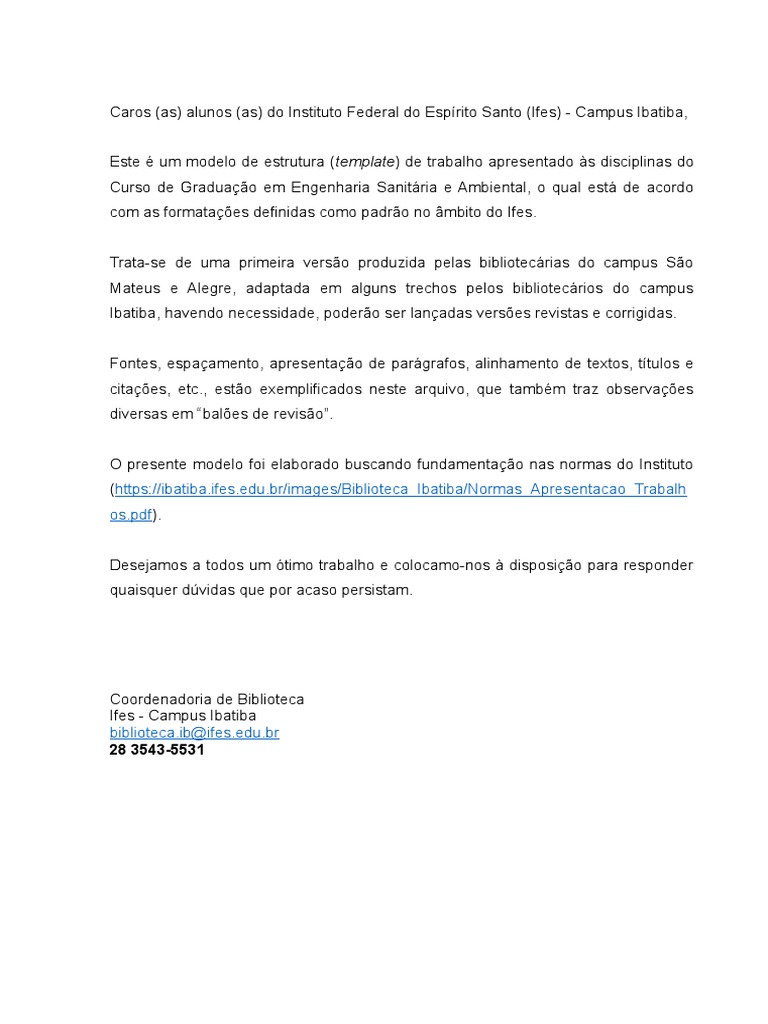 Modelo de estrutura de trabalho acadêmico Ifes Campus Ibatiba | PDF ...