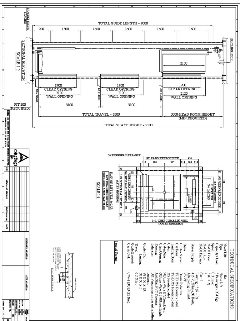 Specifications for a Three Floor Home Lift with Single Entrance Car and