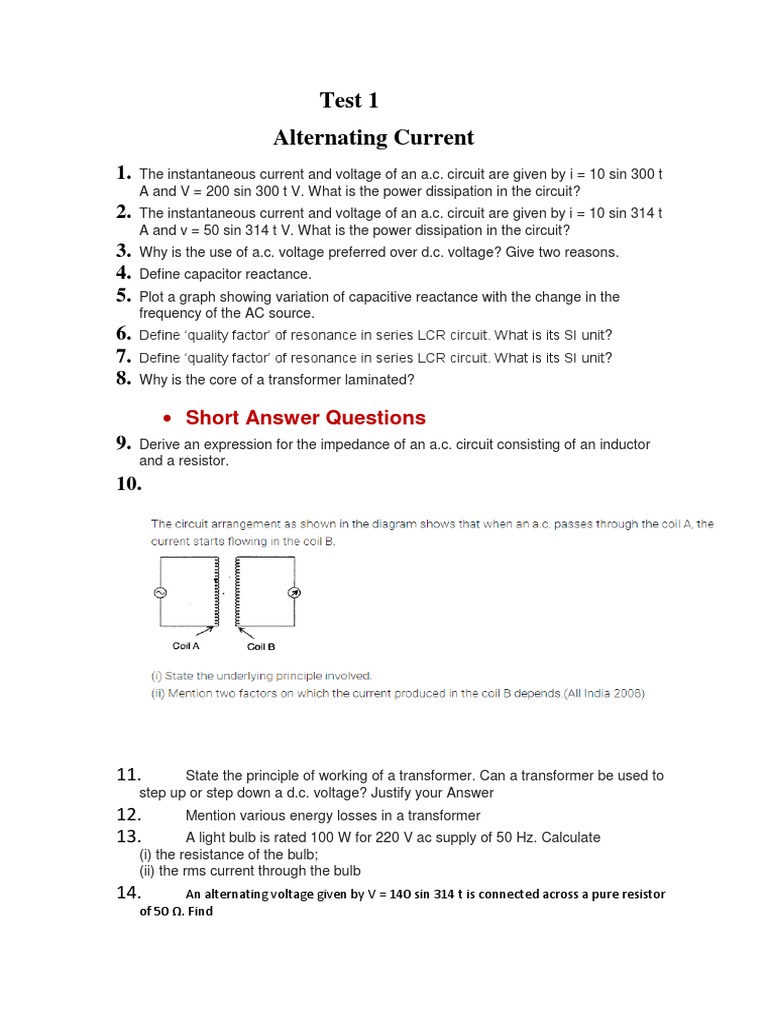 AC Circuit Test Questions and Solutions | PDF | Alternating Current ...