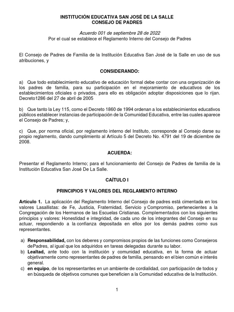 Reglamento Interno del Consejo de Padres | PDF | Salud y bienestar
