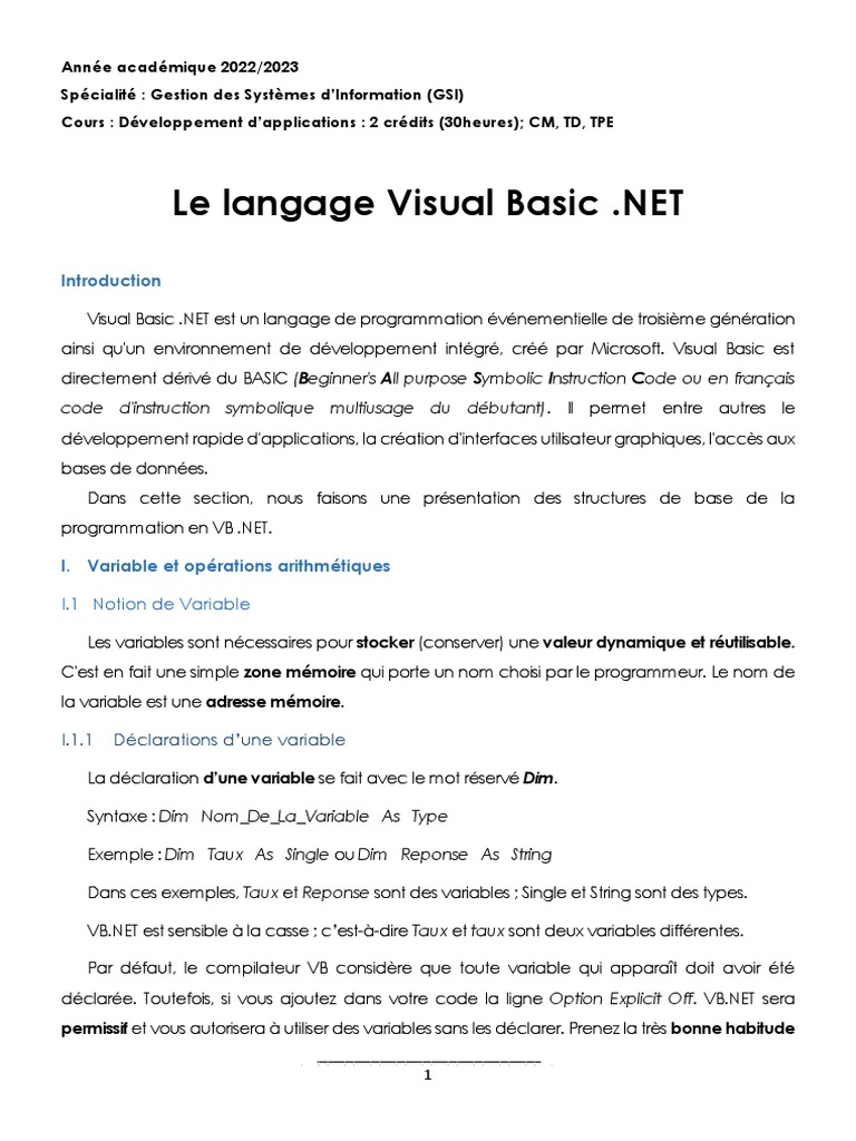 Introduction au langage Visual Basic .NET | PDF | Structure de contrôle ...