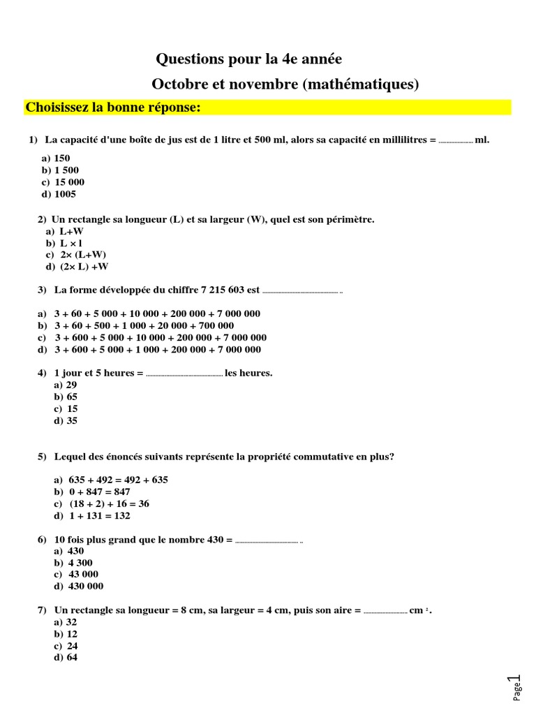 Questions de maths pour la 4e année | PDF