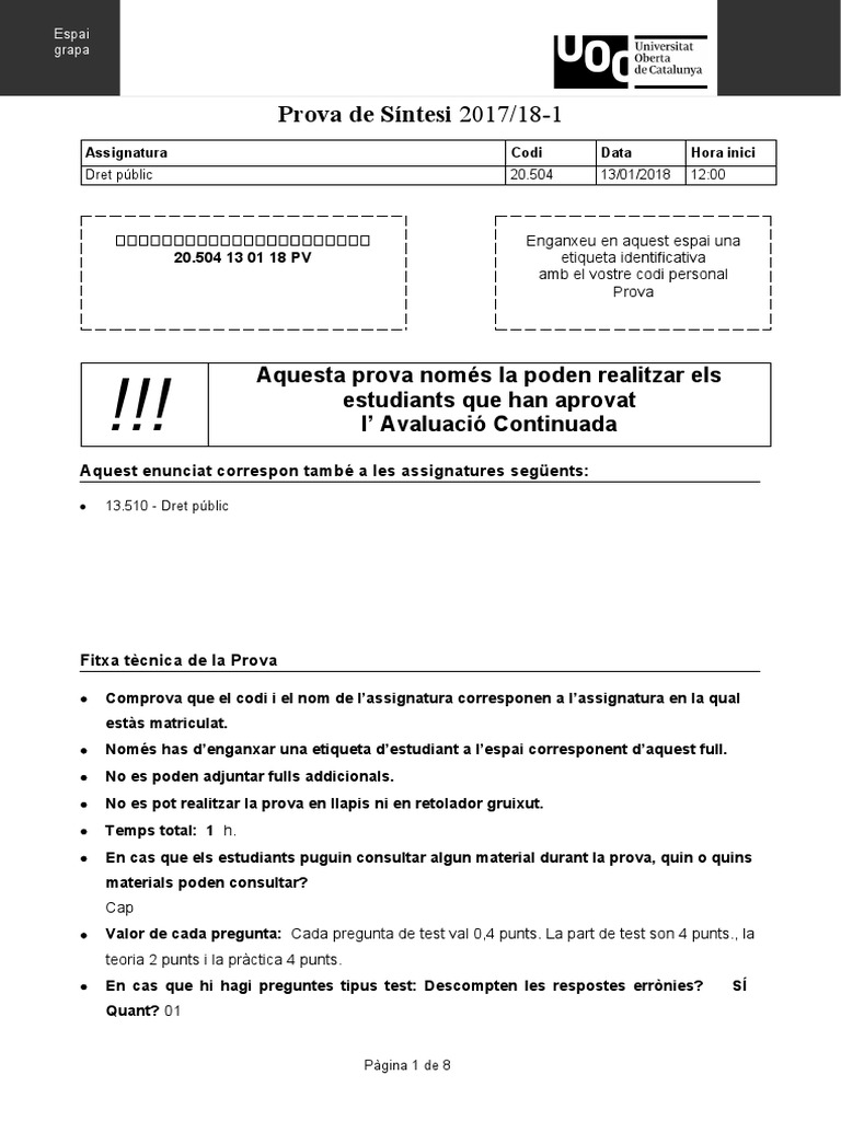 Prova de Síntesi 2017/18-1: Aquesta Prova Només La Poden Realitzar Els ...