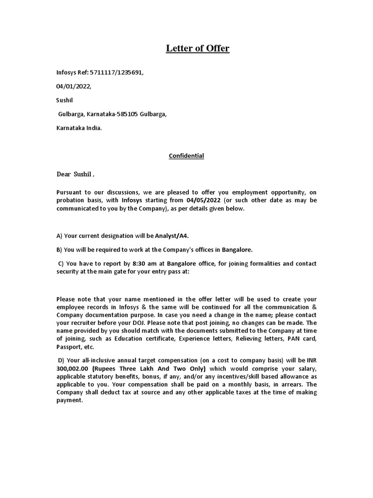 Offer Letter Template | PDF | Salary | Employment
