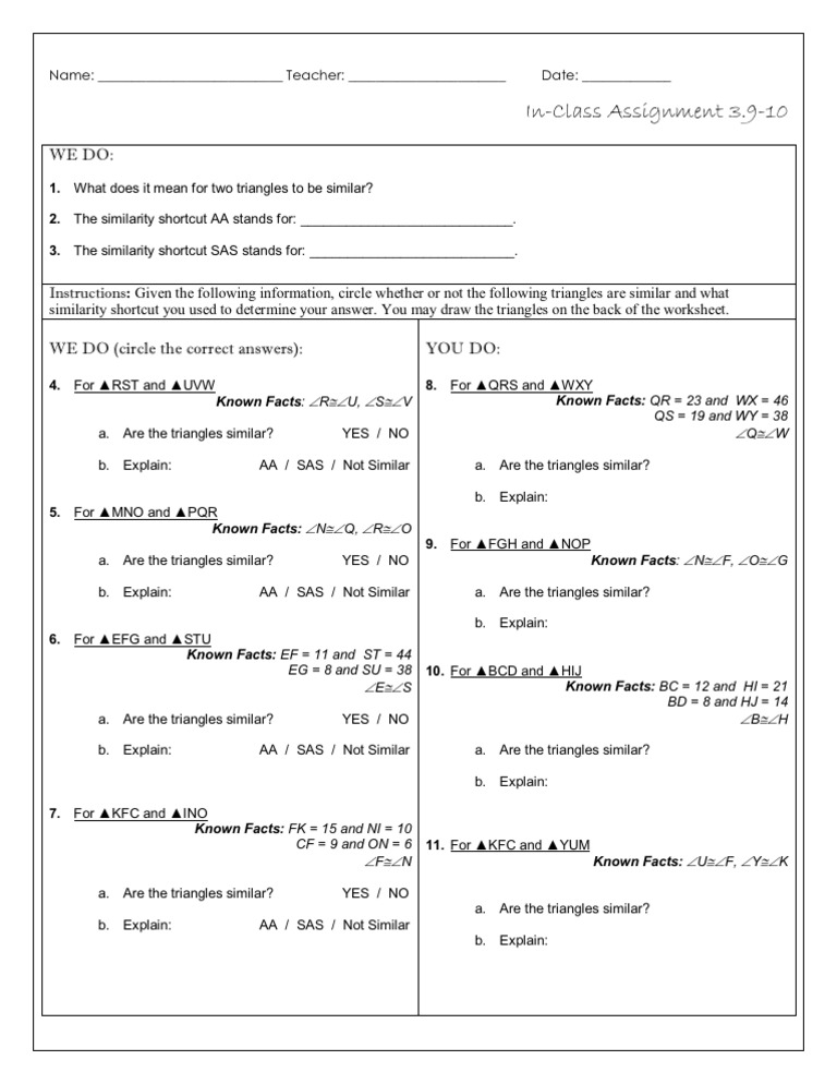 3.9-10: Triangle Similarity Shortcuts (AA, SAS) Worksheet