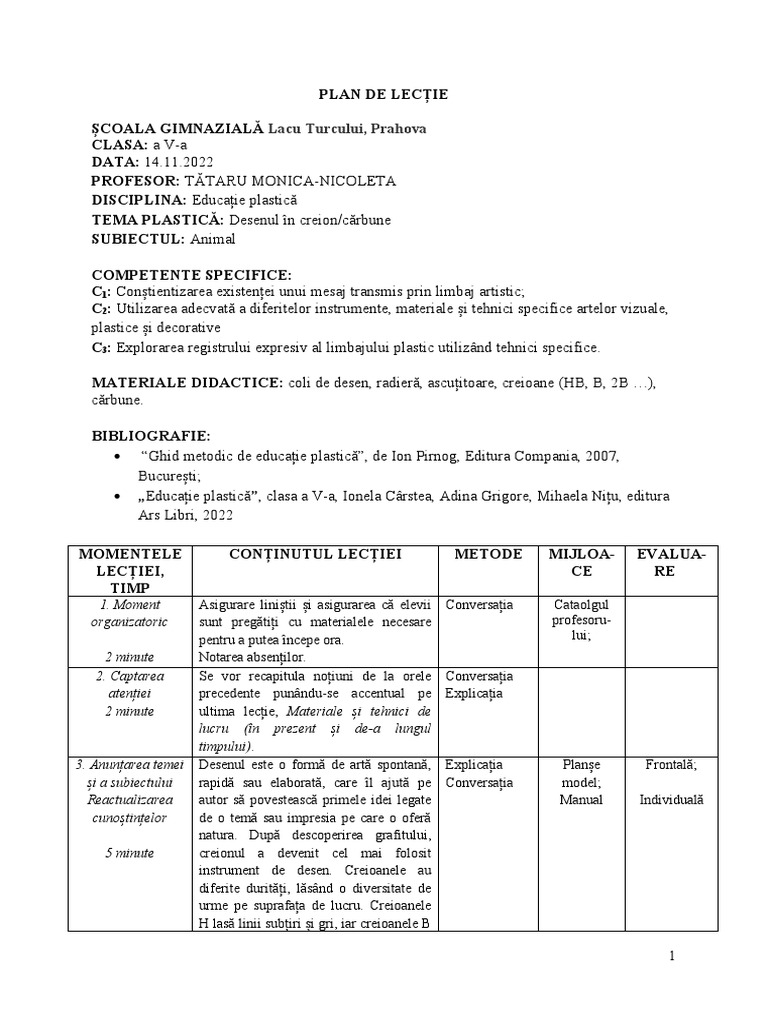 Plan de Lectie - Cls 5 - Desenul În Creion Cărbune | PDF