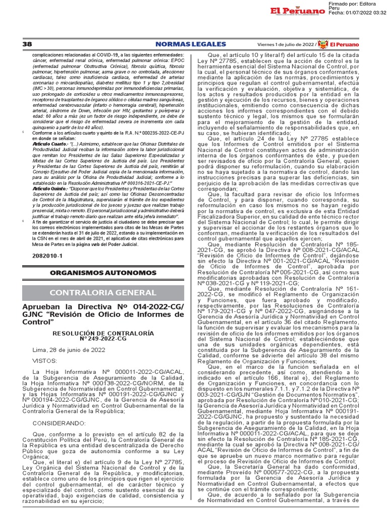 Resolucion #249 - 2022 - CG, Directiva 014-2022-CG-CJNJC, Revision