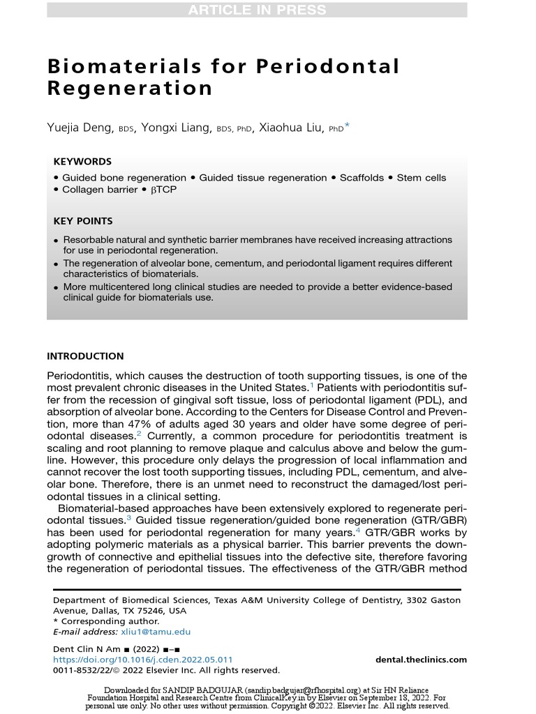 Biomaterials For Periodontal Regeneration | PDF | Tissue Engineering
