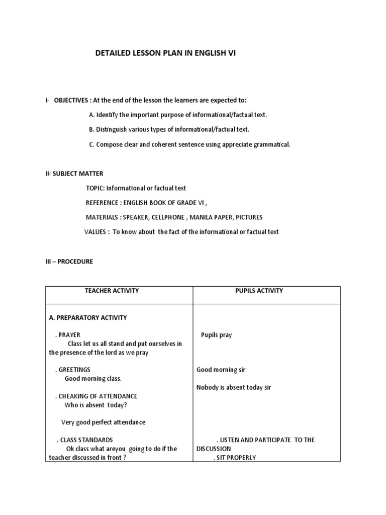 Detailed Lesson Plan in English Vi Tubo | Download Free PDF | Lesson ...