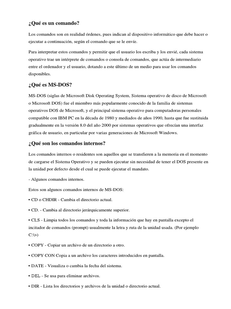 Comandos internos y externos en MS-DOS | PDF | Gestión de tecnología de ...