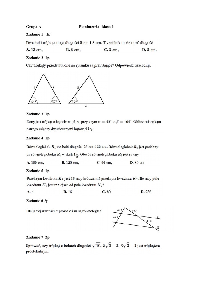 Sprawdzian Z Matematyki Klasa 2 Technikum Planimetria KL 1 Rozszerzenie Powtórzenie | PDF