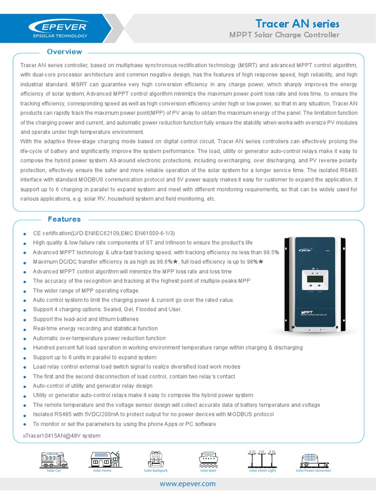 EPEVER Datasheet Tracer AN50 100A | PDF | Solar Power | Relay