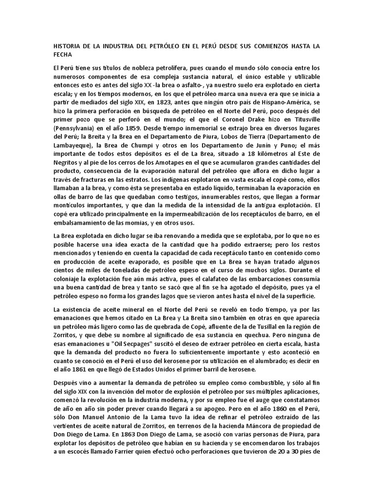 Historia de La Industria Del Petróleo en El Perú Desde Sus Comienzos ...