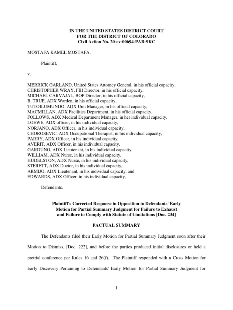 Mostafa V Garland Opposition To Motion For Partial Summary Judgment