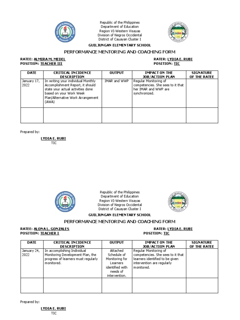Performance Mentoring Form for Teachers | PDF | Learning Programs ...