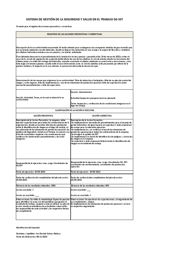 Propuesta Escrita De Acciones Preventivas Y Correctivas A No