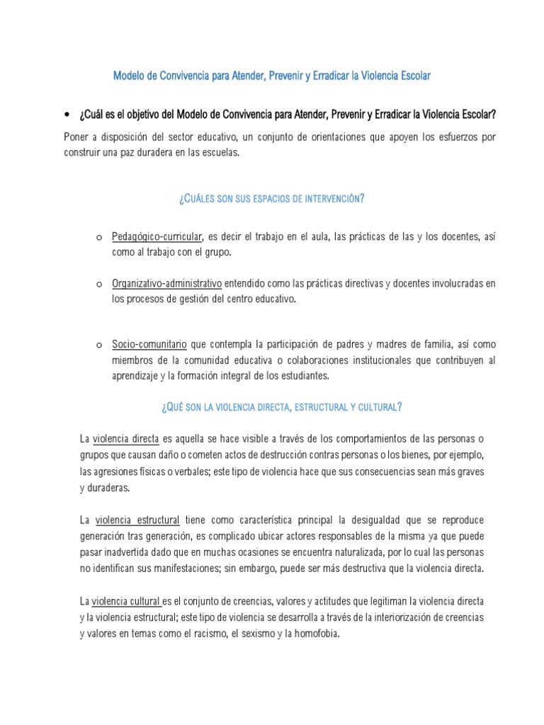 Modelo de Convivencia para Atender, Prevenir y Erradicar La Violencia ...
