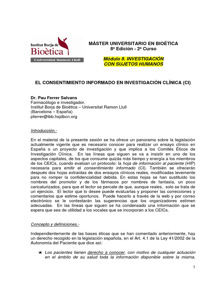 Consentimiento Informado en Investigación Clínica | PDF ...