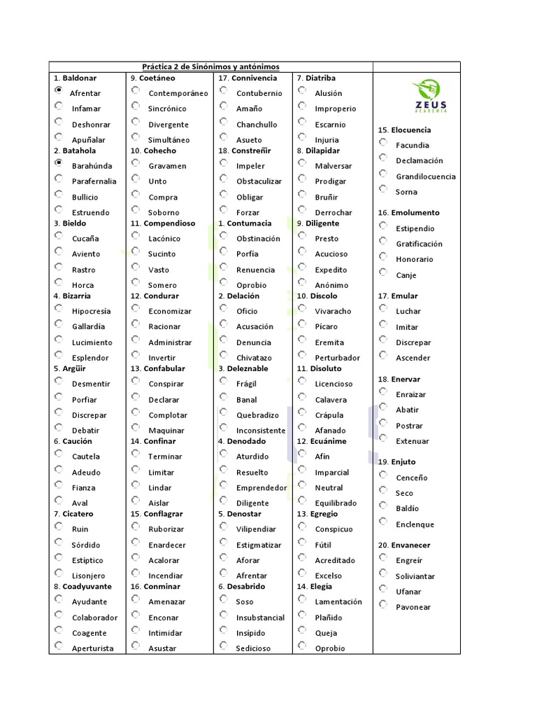 2da Práctica de Sinónimos y Antónimos | PDF
