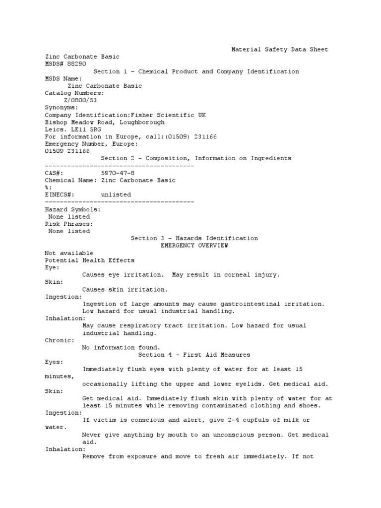 MSDS Zinc Carbonate PDF Dangerous Goods Personal Protective Equipment