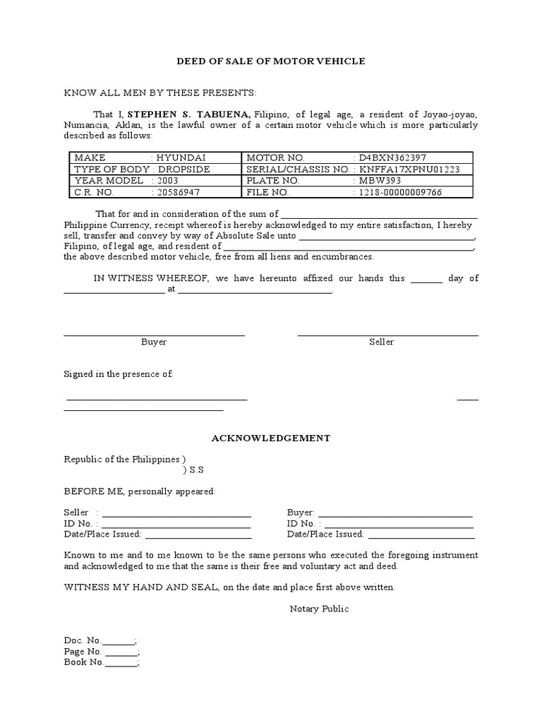 Motor Vehicle Deed of Sale Template | PDF | Natural Resources Law ...