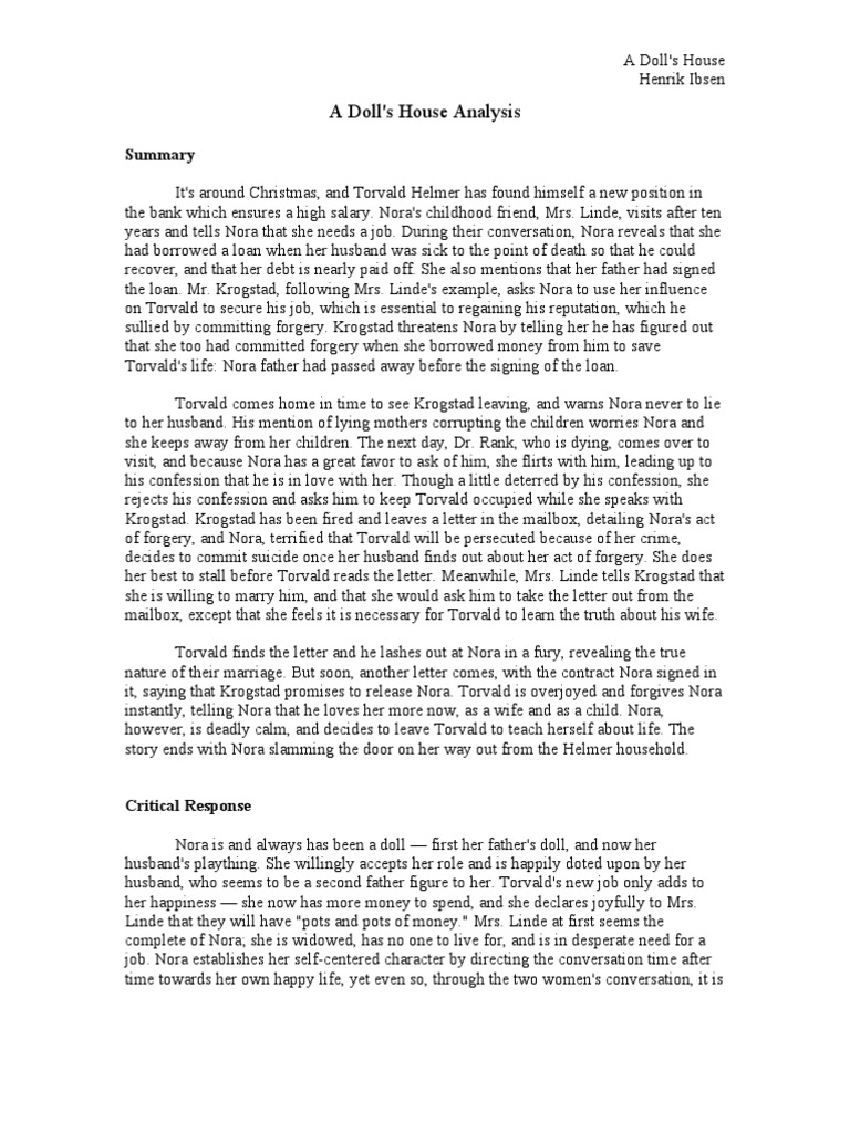 The Dollhouse Analysis PDF A Doll's House