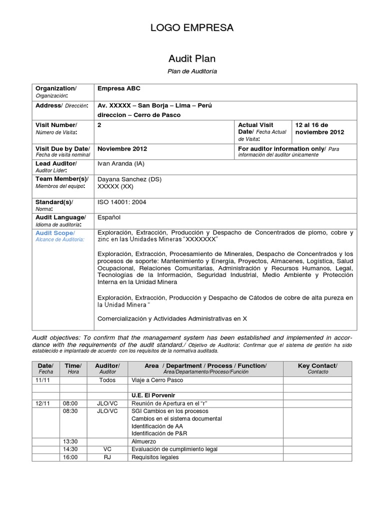 Plan de Auditoría ISO 14001:2012 | PDF | Minería | Business
