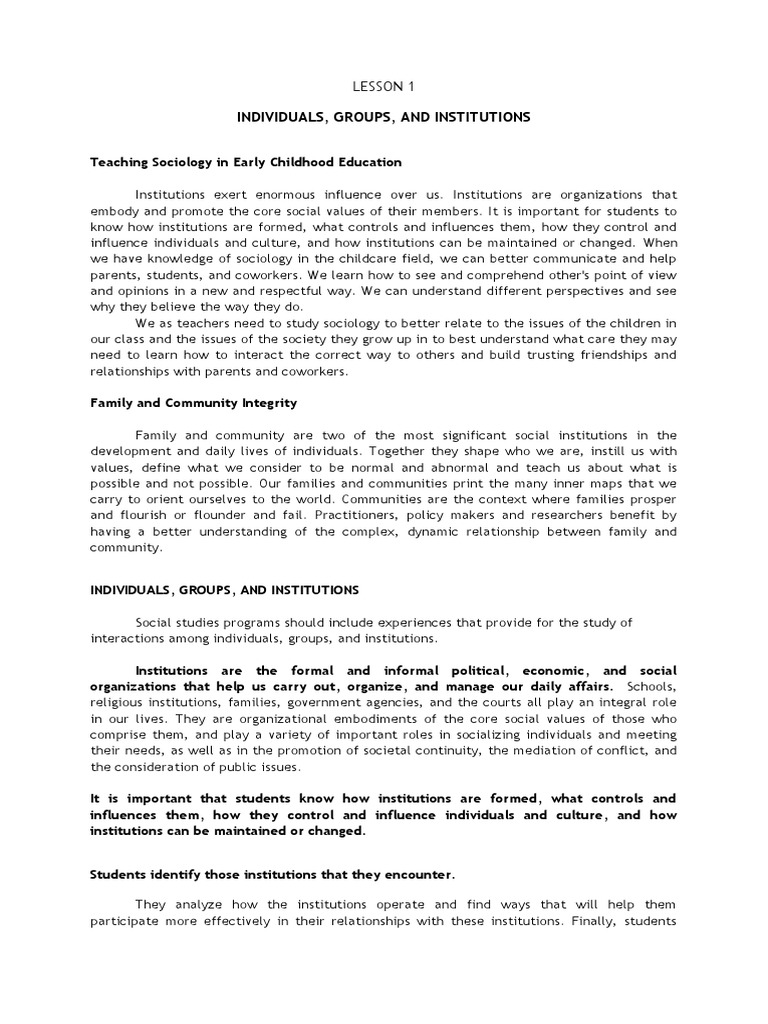 Lesson 1 Individuals Groups Institutions Pdf Institution