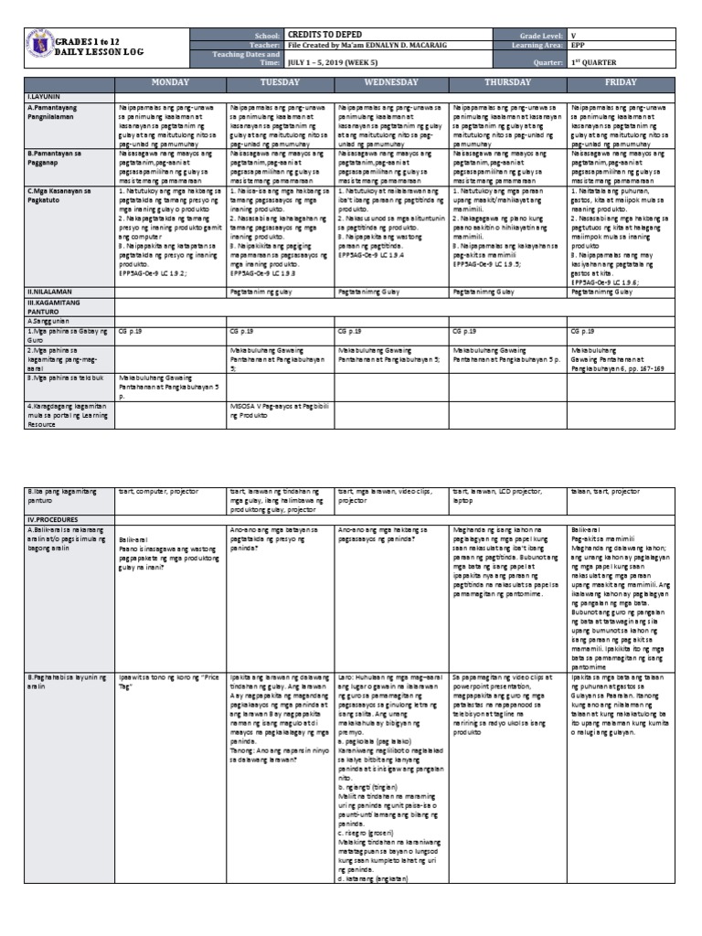 DLL Quarter 1 Week 5 EPP 5 PDF
