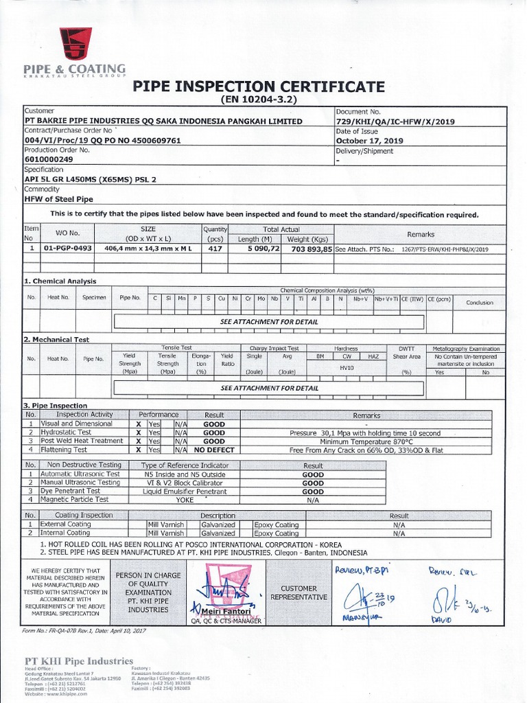 5 4 Pipe Inspection Certificate PDF