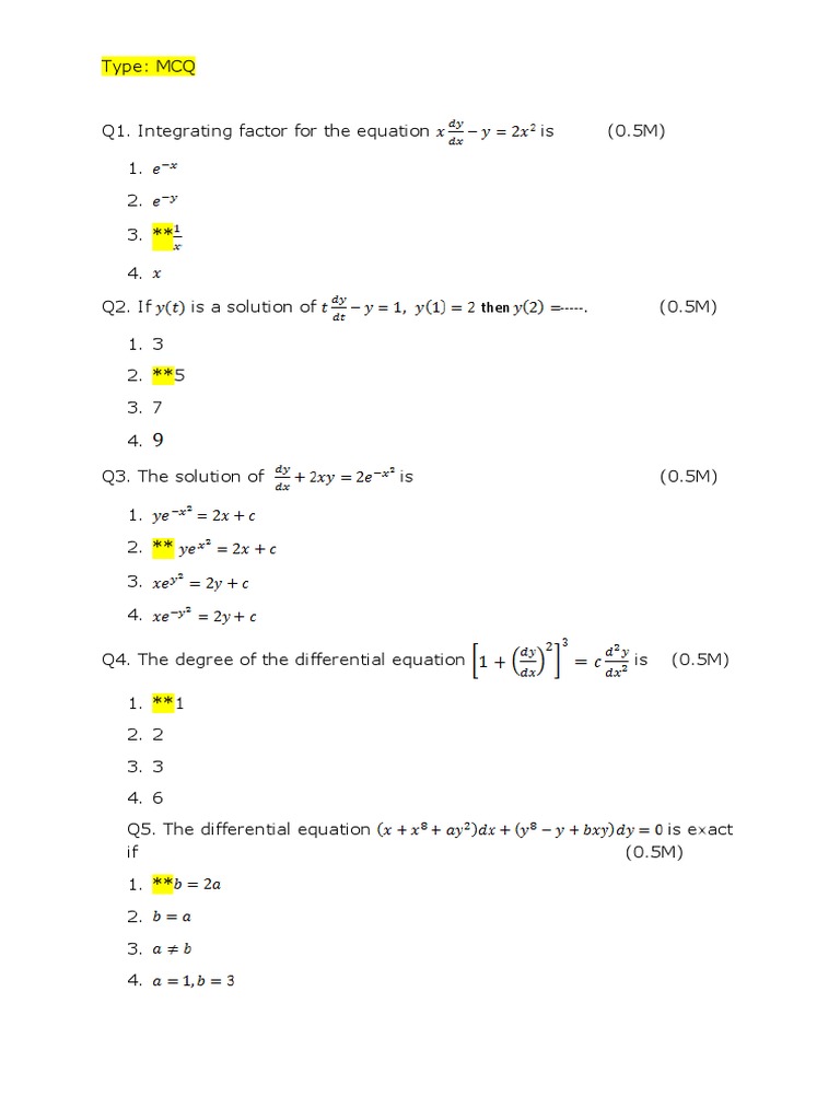 Multiple Choice and Descriptive Questions on Differential Equations