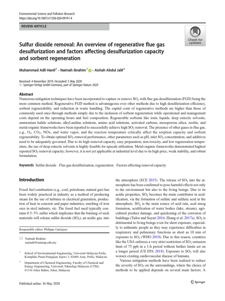 Sulfur Dioxide Removal: An Overview of Regenerative Flue Gas ...