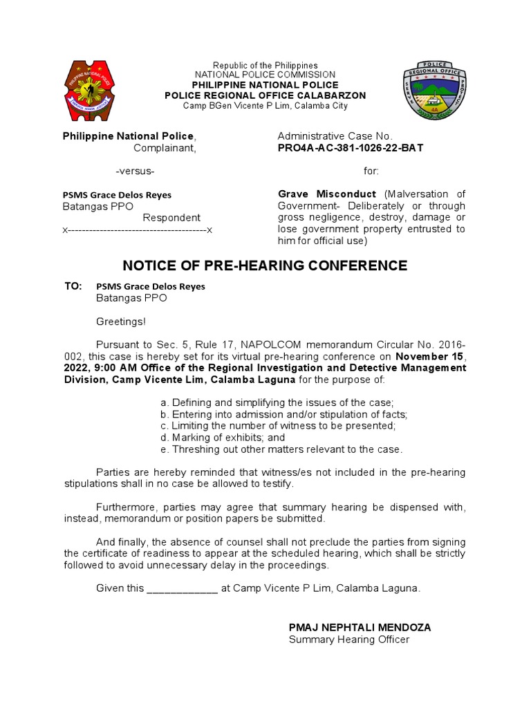 Pre-Hearing Conference Notice PNP | PDF | Legal Procedure | Government