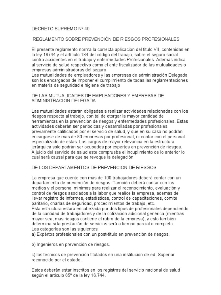 Reglamento del Decreto Supremo N° 40 | PDF | Regulación | Gobierno