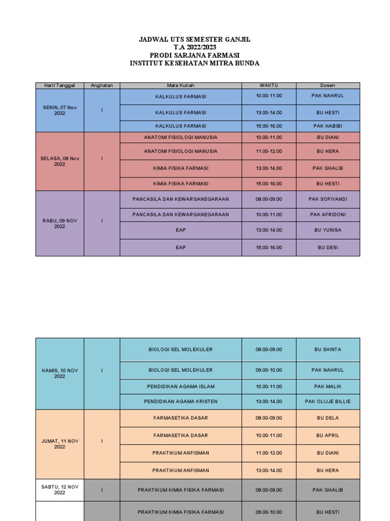Jadwal Uts Semester Ganjil TK I 2022-2023 | PDF