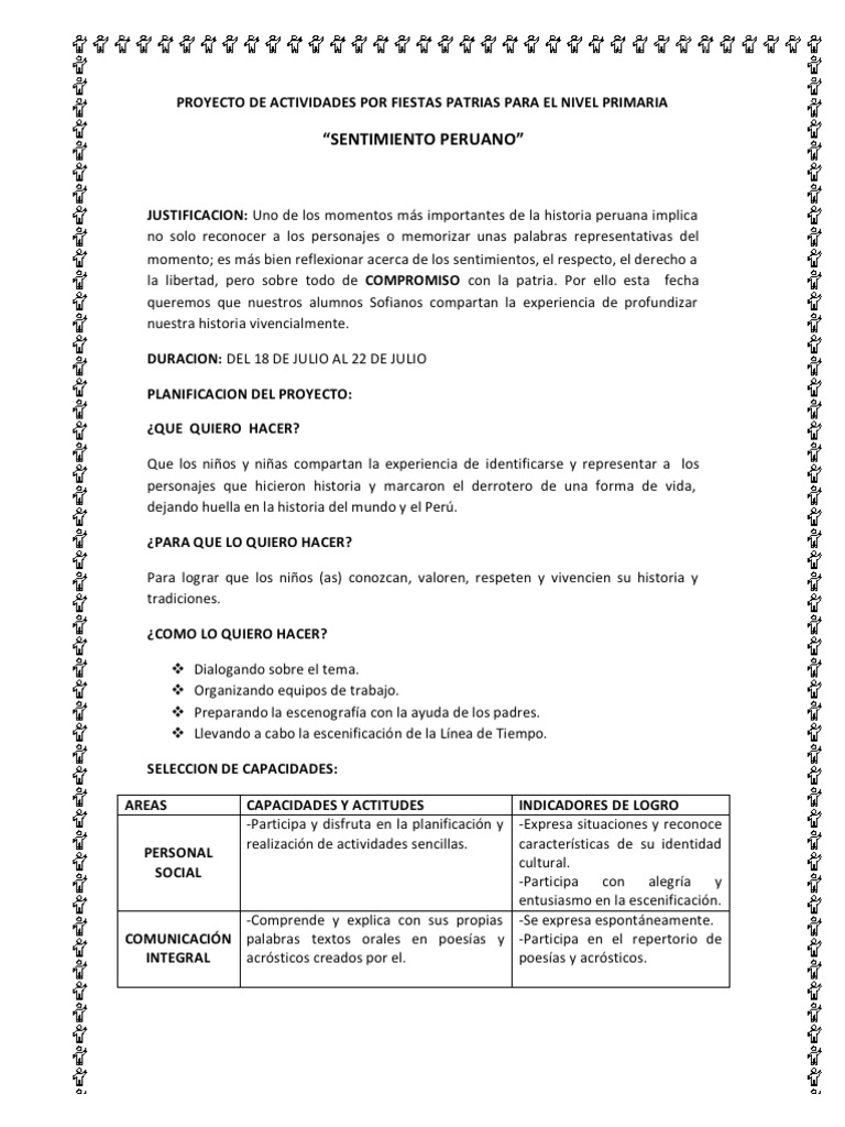 Proyecto de Actividades Por Fiestas Patrias Para El Nivel Primaria