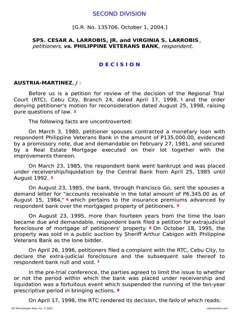 Sps Larrobis V Phil Veterans PDF Foreclosure Receivership