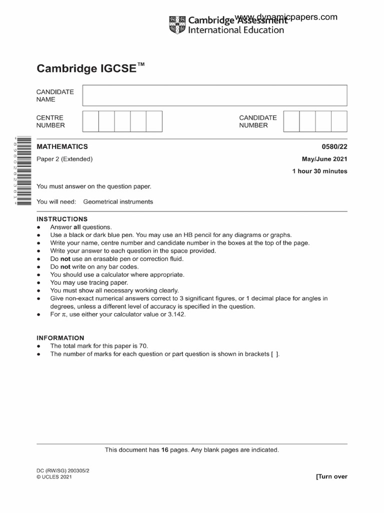 IGCSE Mathematics 0580 - 22 Paper 2 (Extended) May - Jun 2021 | PDF