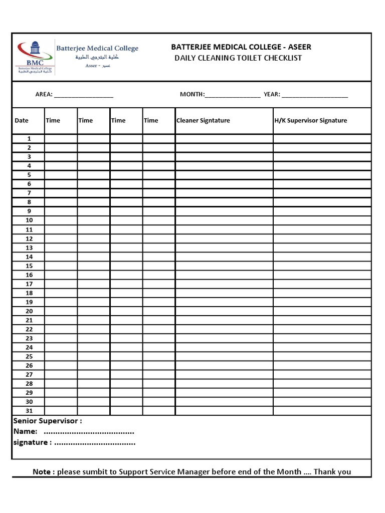 Daily Cleaning Toilet Checklist PDF
